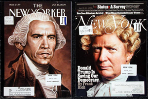 Two New Yorker covers, showing Presidents Obama and Trump in styles from the Revolutionary era.