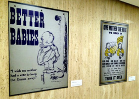 Two posters with children advocating for their mothers' right to vote, from the NYSOGS women's suffrage exhibit