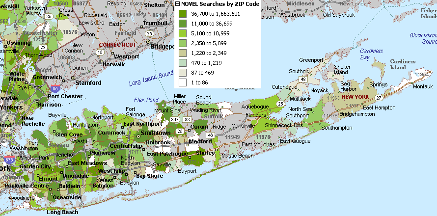 map 12 shows NOVEL searches on Long Island in 2005