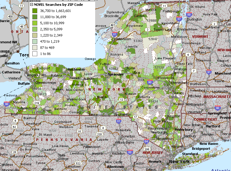 map 3 shows NOVEL searches statewide in 2005