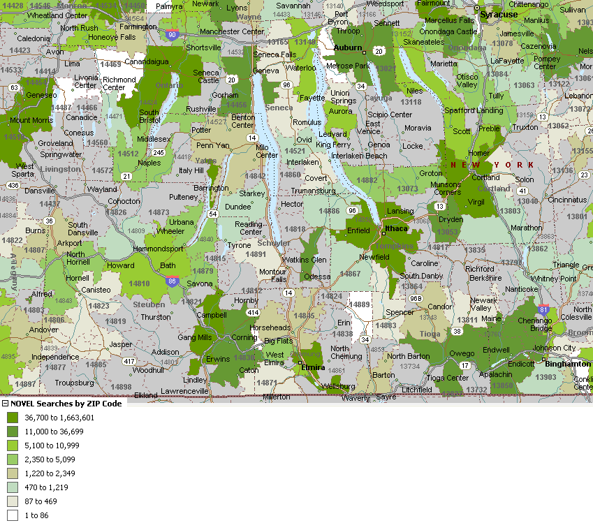 map 5 shows NOVEL searches in NY's Finger Lakes Region in 2005