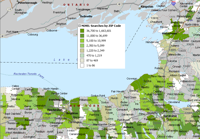 map 6 shows NOVEL searches in Rochester, Syracuse and Watertown areas in 2005