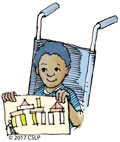 Image of a boy in a wheelchair holding up his artwork of building blocks