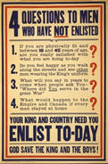 Canadian WWI recruiting poster: 4 Questions to Men Who Have Not Enlisted...