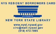 Image of NYSL borrower card, tan background with blue text, used by nys residents