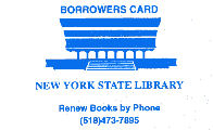 Image of NYSL borrower card, white background with blue print, used by NYS employees