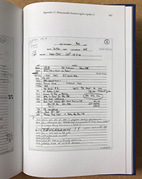 nasa logbook with the word touchdown circled with a time stamp