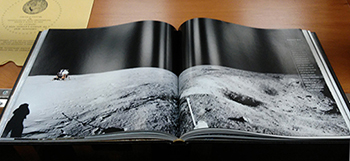double page spread of lunar landscape photograph
