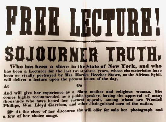 endpages featuring a reproduction of a broadside for a lecture by Sojourner Truth