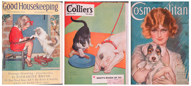 vintage magazine covers from Goodhousekeeping, Collier's and Cosmopolitan featuring cats and dogs