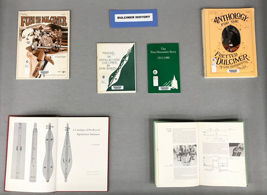 Dulcimer and Folk Music exhibit: left case, with more dulcimer books