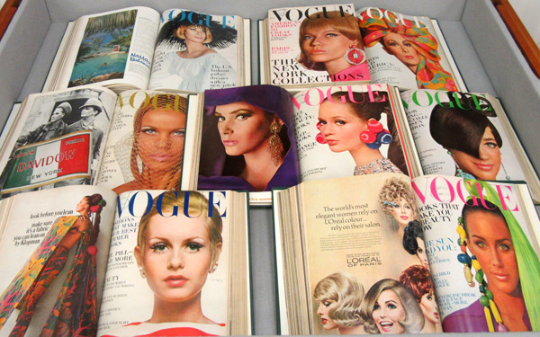 Center display case, with issues of Vogue from the 1960s.