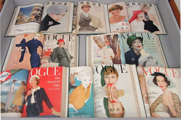 Left display case, with issues of Vogue from the 1950s.
