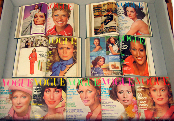 right display case, with Vogue issues from the 1970s.