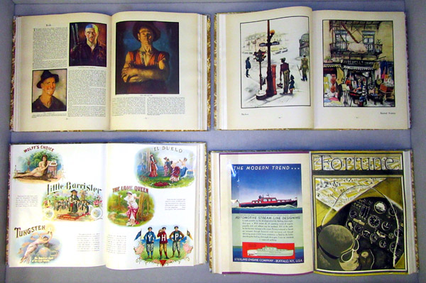 left display case, showing bound copies of Fortune from the 1930s, opened to various illustrations.