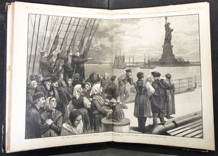 illustration from the July 2, 1887 issue of Leslie's Illustrated Newspaper captioned: New York - Welcome to the Land of Freedom