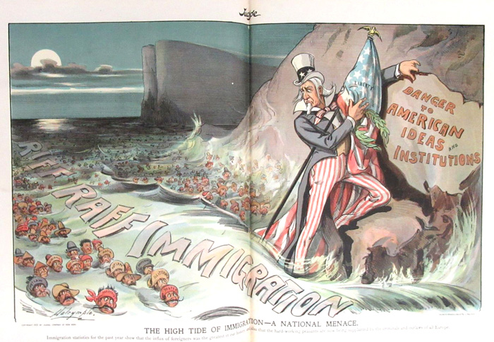 1903 political cartoon from Judge; The High Tide of Immigration
