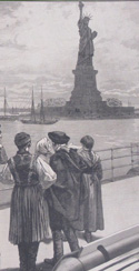 part of an 1887 illustration of immigrants on an ocean steamer passing the Statue of Liberty