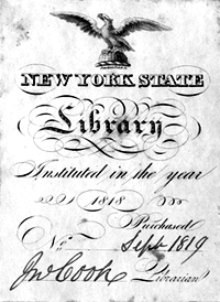 bookplate signed by John Cook, the first NYS Librarian