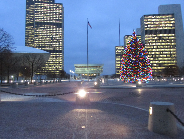 Cultural Education Center at evening, with the Plaza Christmas tree in the foreground