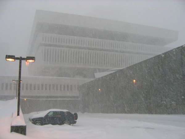 The Cultural Education Center in winter, during a snow storm.
