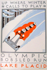Animated series of three winter tourism posters, one for skiing and two for the bobsled run at Lake Placid.