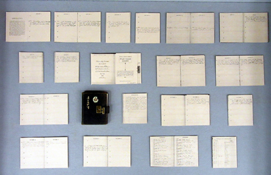left display case, showing a diary surrounded by reproductions of several pages from it.