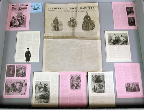Display Case 2, with one issue of the National Police Gazette and copies of several stories and illustrations from a book about the newspaper.