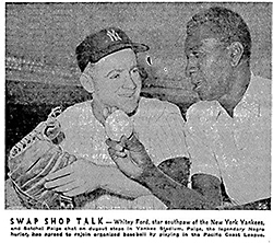 image of Satchel Paige and Whitney Ford holding a baseball and glove