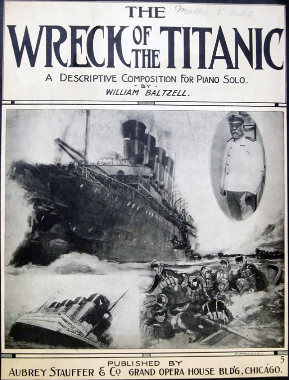 Cover of sheet music, 'The Wreck of the Titanic,' with images of the Titanic, her captain, and a lifeboat of survivors.