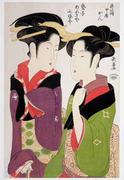 Japanese print showing two women in kimonos