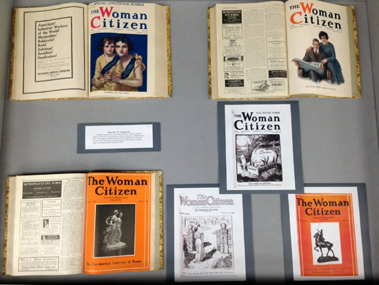 right display case, with magazine covers focused on the suffrage movement after the 19th amendment