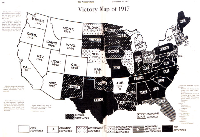 Map of the U.S., showing which states had full, partial and no women's suffrage after the elections in 1917.