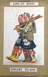 English WWI recruiting poster, with image of four soldiers in kilts marching in line