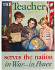 Poster of teacher with two students, labelled 'The Teacher serves the nation in war - in peace.'