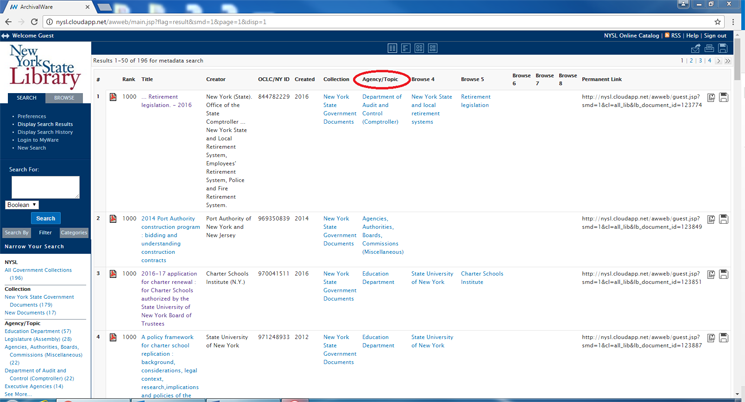 Screenshot of ArchivalWare (NYSL Digital Collections) showing how to order results alphabetically.
