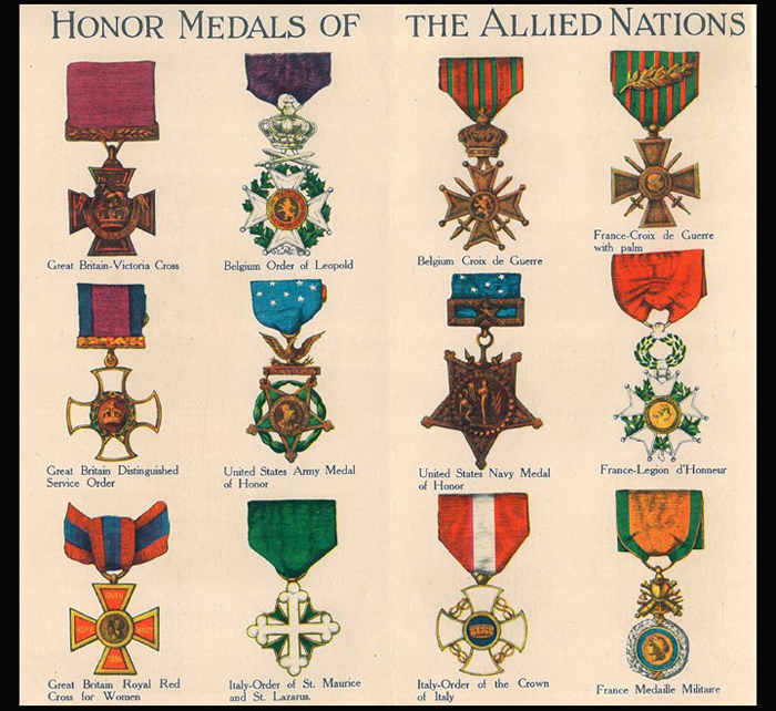 Honor Medals of the Allied Nations (England, Belgium, USS, Iataly and France)