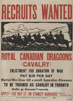 Canadian WWI recruiting poster: Recruits Wanted Royal Canadian Dragoons