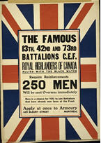 Canadian WWI recruiting poster: The Famous 13th, 42nd and 73rd Battalions C.E.F. Royal Highlanders of Canada