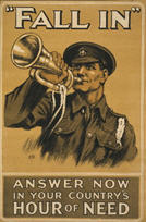 English WWI recruiting poster: Fall In/Answer Now