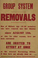 English WWI recruiting poster: Group System/Removals