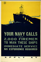 US WWI recruitment poster: Your Navy Calls for 2,000 Firemen 