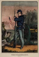1864 Currier and Ives lithograph of a young soldier in a blue Union Army uniform posing with his rifle and bayonet in front of a cannon.