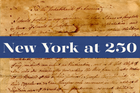 Text from Benedict Arnold's address To the Inhabitants of America. Text overlay reads: New York at 250