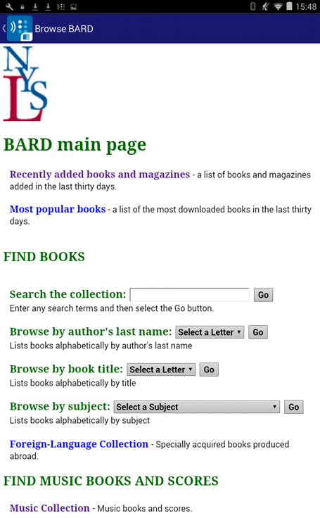 screenshot of the Browse BARD page on the Android BARD app