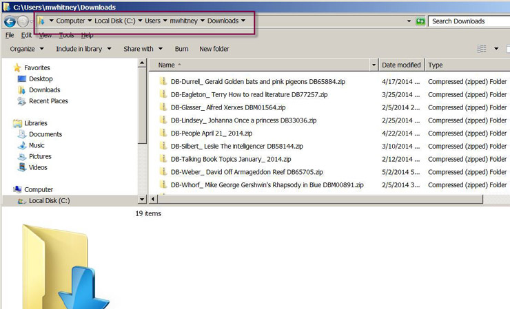 Screenshot showing the Downloads folder path