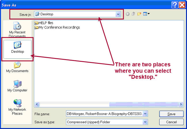 Screenshot of the 'Save As' window, showing the files in Desktop