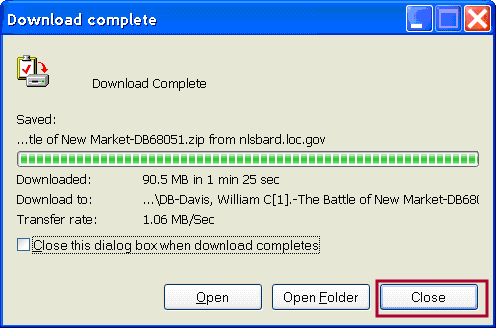 A screenshot of the Download Complete screen, with the Close button highlighted