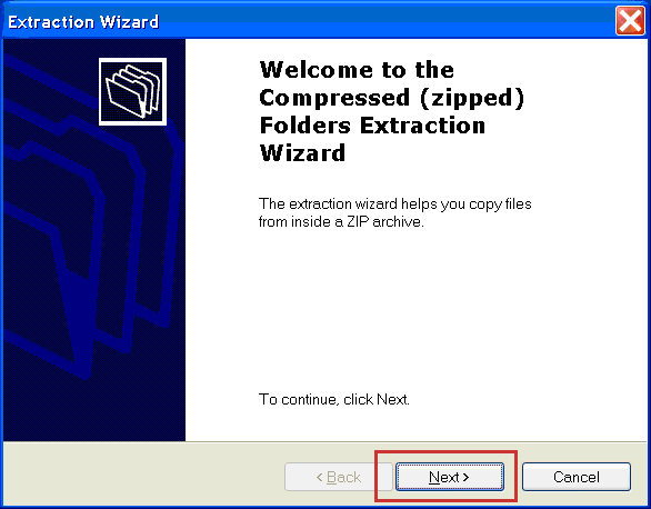 A screenshot of the Extraction Wizard window, which says 'Welcome to the Compressed (zipped) Folders Extraction Window... To continue, click Next