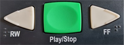 Square play/stop button in center with left arrow for rewind on the left and a right arrow for fast forward on the right.